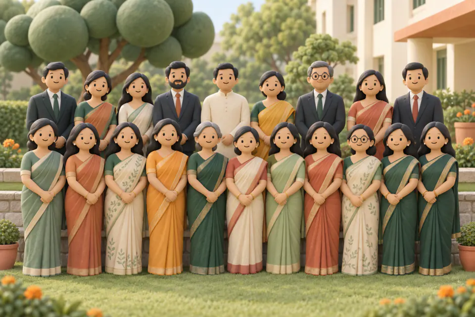 Teachers and staff standing in two rows in the school garden