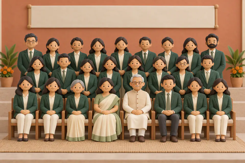 The teaching staff in green school blazers, in three rows in the school hall